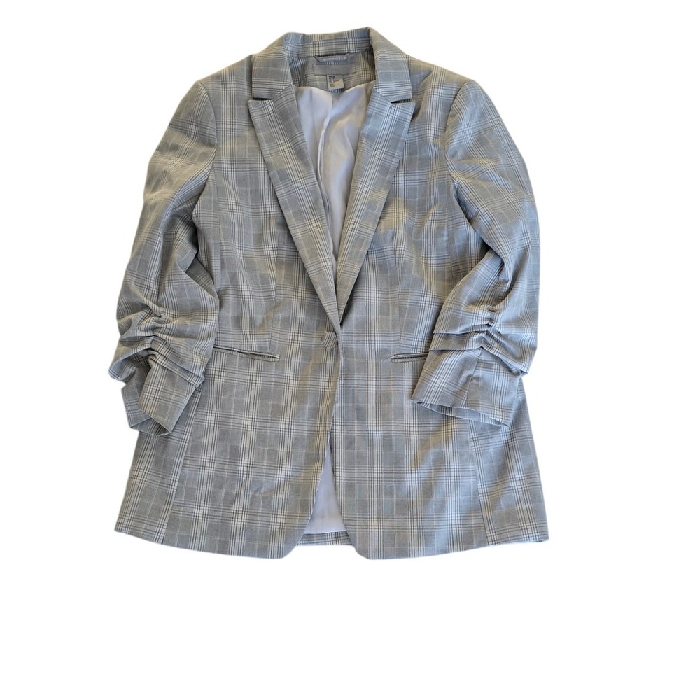 H&M Plaid Blazer Ruched Sleeve Open Front Women Size 6 Gray White